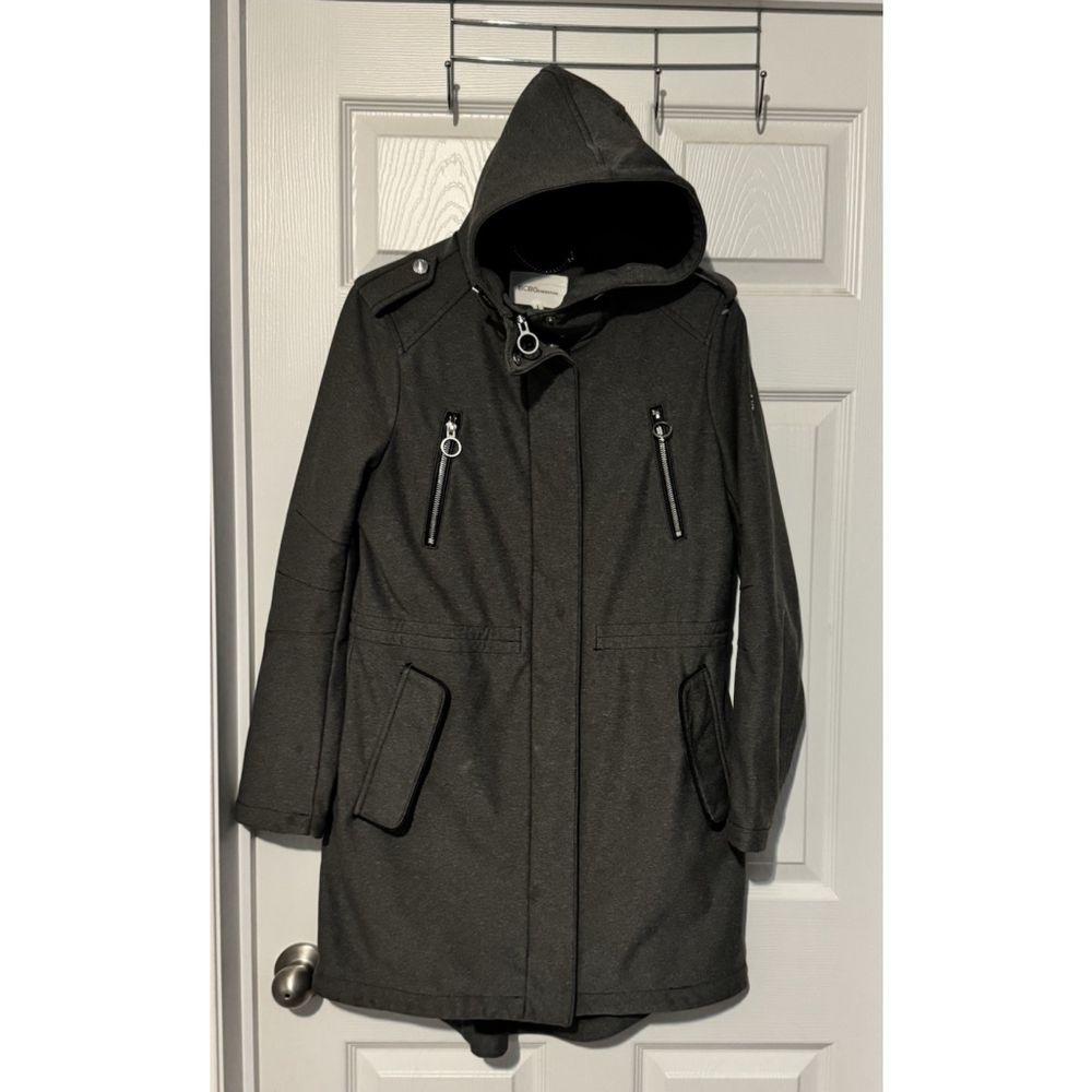 BCBG Generation Hooded Anorak Coat Jacket Womens M Grey Zip Up Snap Pockets